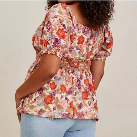 Torrid Georgette Floral Eyelet Smocked Boho Flouncy Milkmaid Coquette Blouse - Picture 2 of 14